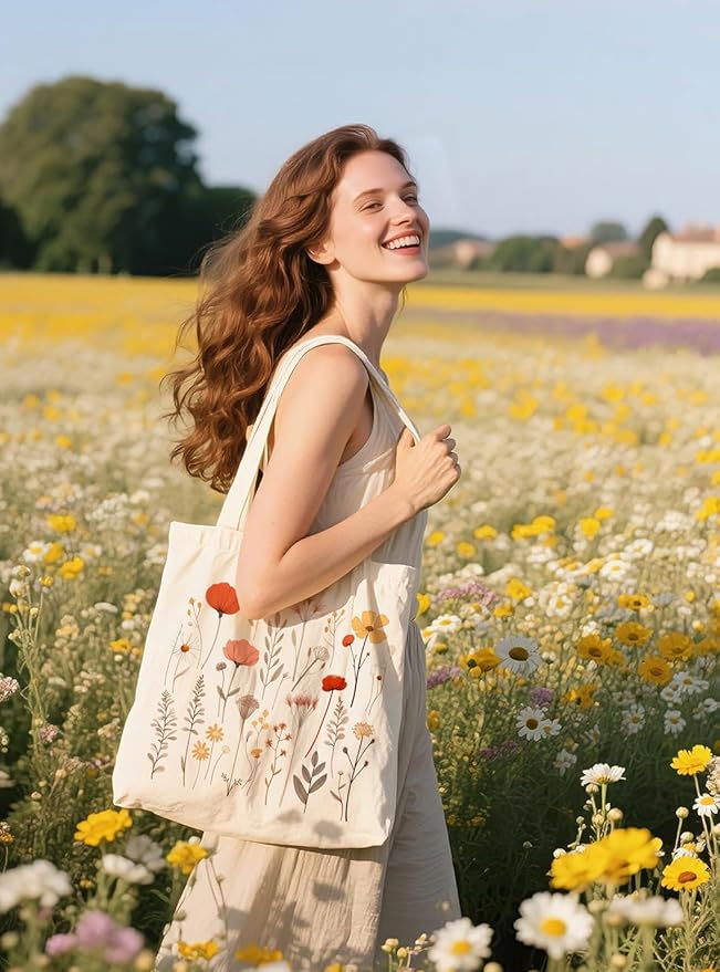 METALPHA Aesthetic Tote Bag for Women Girls - Resuable Double-Sided Printed Canvas Tote Bag with Snap Closure and Pocket