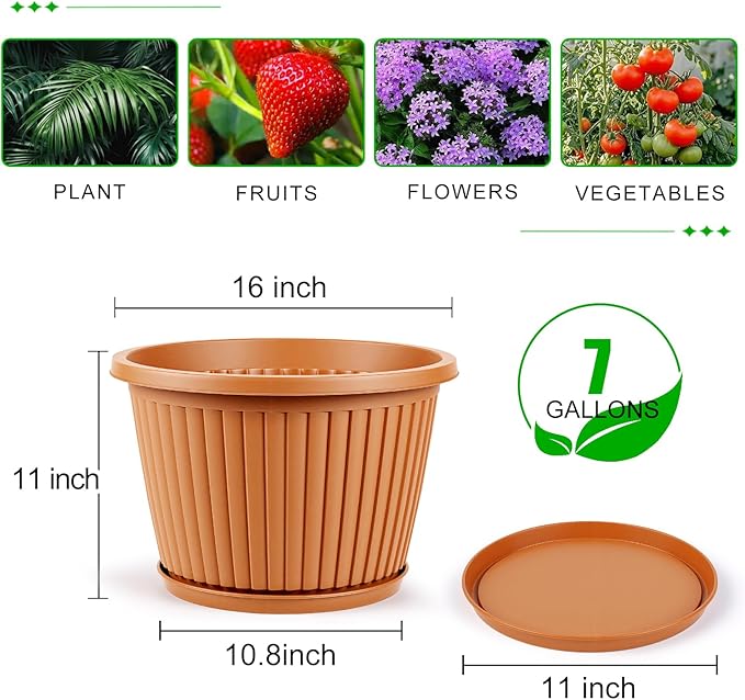 Large-Planter-Indoor-Outdoor Plant Pots, 16 inch 4 Pack Plastic Flower Pots with Saucer And Drainage Holes, Modern Garden Planters For Planting Medium Large Plants, Decorative Resin Garden Pots