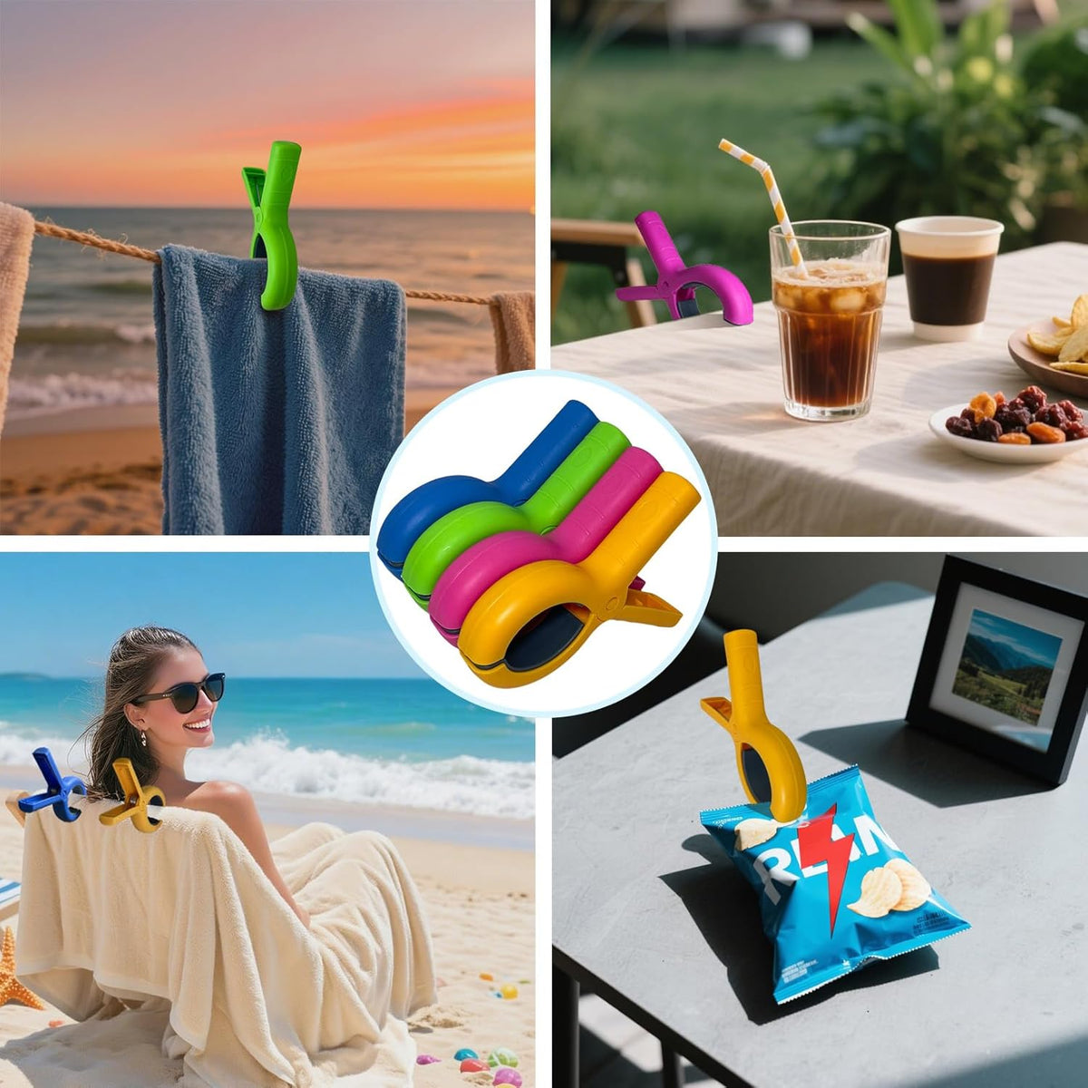 Jumbo Size Beach Towel Clips 8 Pcs, Storage Bag Included, Towel Clamps, Plastic Clothes Pegs Hanging Clamps, Towel Clips for Beach/Pool Cover/Cruise Chairs, Heavy Duty Clothes Pins, Beach Accessories