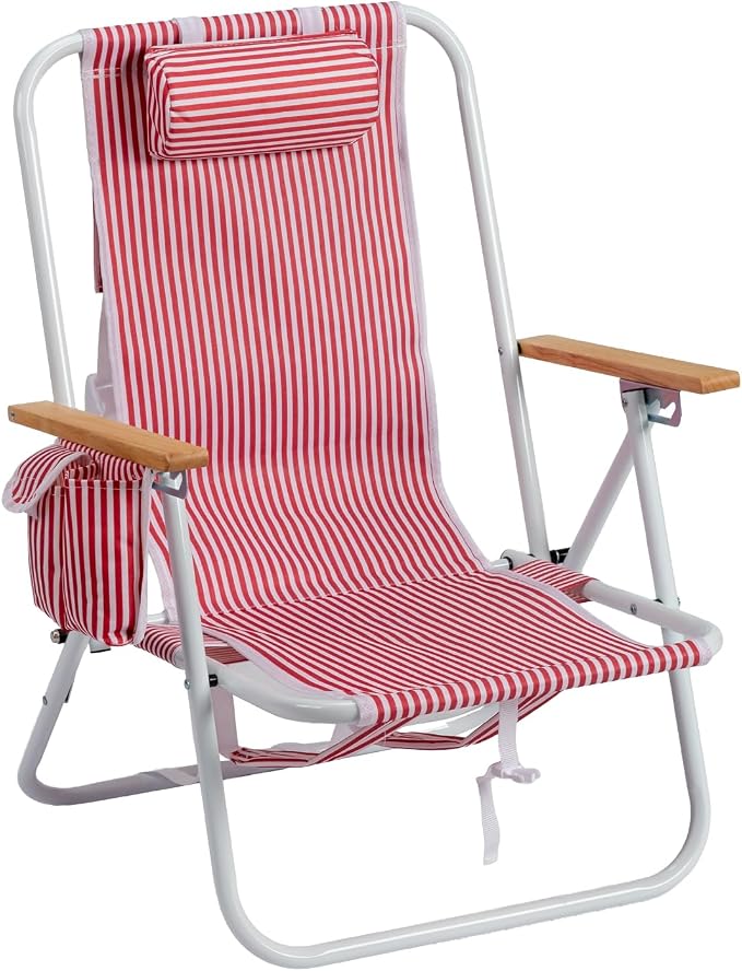 Outvita Folding Beach Chair, 4 Position Adjustable Reclining Lounge Chair with Padded Headrest, Large Rear & Side Storage Pockets, Lightweight Portable Outdoor Chair for Beach Pool Garden BBQ