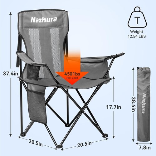 Nazhura Outdoor Camping Chairs - Portable Folding Design with Cooler Pouch & Cup Holder | Grey, 2 Pack