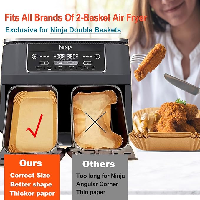 Ninja Foodi Air Fryer Liners, Ninja Air Fryer Liners Disposable, Ninja DZ071 Foodi Ninja Dual Air Fryer Parchment Paper Liners, Rectangular Airfryer Paper Liners, Rectangle 2 Basket Liners