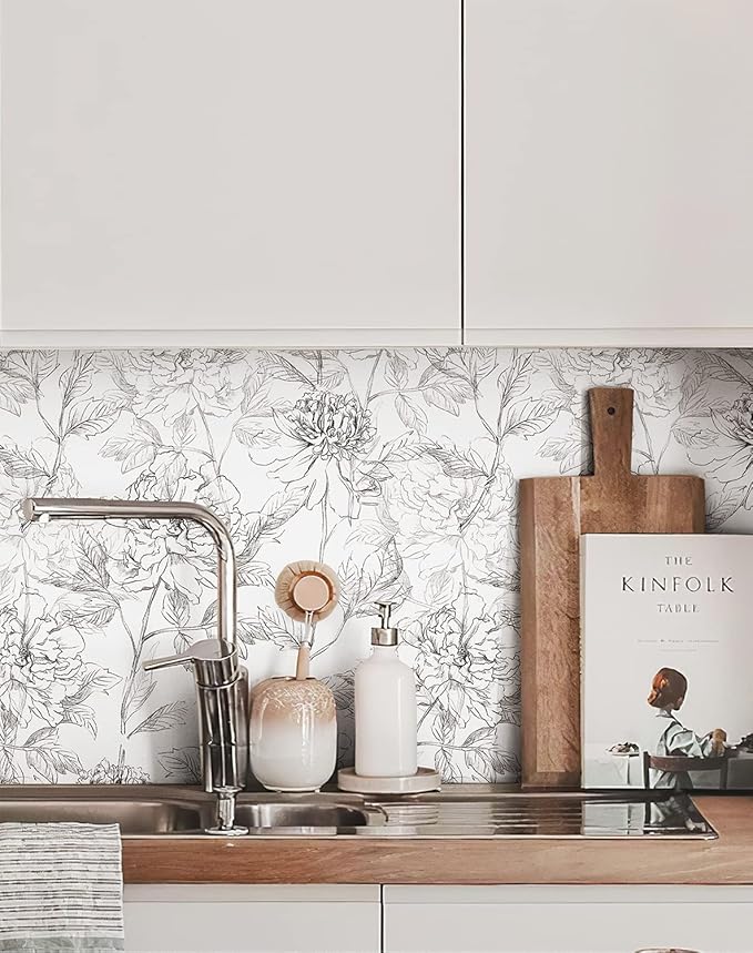 JiffDiff Floral Wallpaper Black & White Peel and Stick Vintage Peony Wall Paper