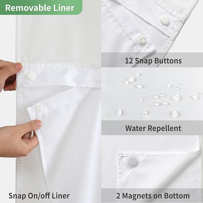 Stall No Hook Shower Curtain with Snap-in Fabric Liner Set,Waffle Weave Shower Curtains for Bathroom,Hotel Luxury Decor Bathroom Curtain Set,Waterproof & Washable,White,36Wx74H