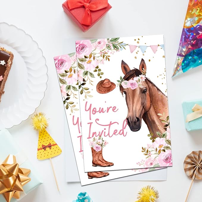 Soiceu Floral Horse Birthday Party Invitations with Envelopes Set of 20 Girl Saddle Up Watercolor Cowgirl Horse Invitations Invites Fill in Blank