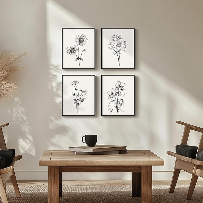 Framed Black and White Bathroom Wall Art, 4 Piece Vintage Floral Canvas Prints