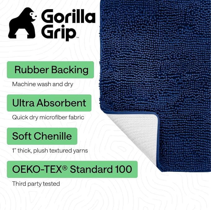 GORILLA GRIP Bath Rug Mat 44x26, Soft Absorbent Chenille, Quick Dry Microfiber Mats, Rubber Backing Washable Shower Floor Rugs, Bathmat Runner, US Designed Bathroom Home Decor Accessories Royal Blue