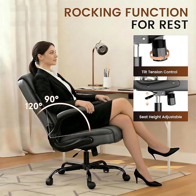 GTPLAYER Leather Office Chair, Home Desk Chair with Flip-up Arms and Ergonomic Back - Comfy Heavy Duty Executive Chair for Home Office Gaming, Gray