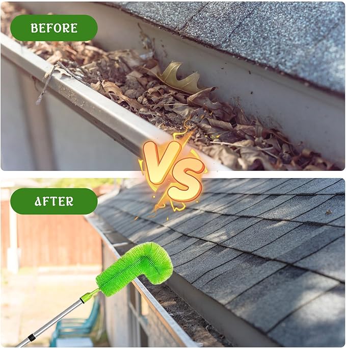 Gutter Cleaning Brush Extendable Guard Cleaner Tool with 8 Pcs Telescoping Handle Extension Pole 10ft, Gutter Cleaning Tools from The Ground for Easy Removing Leaves Debris Window Cleaner (Green)