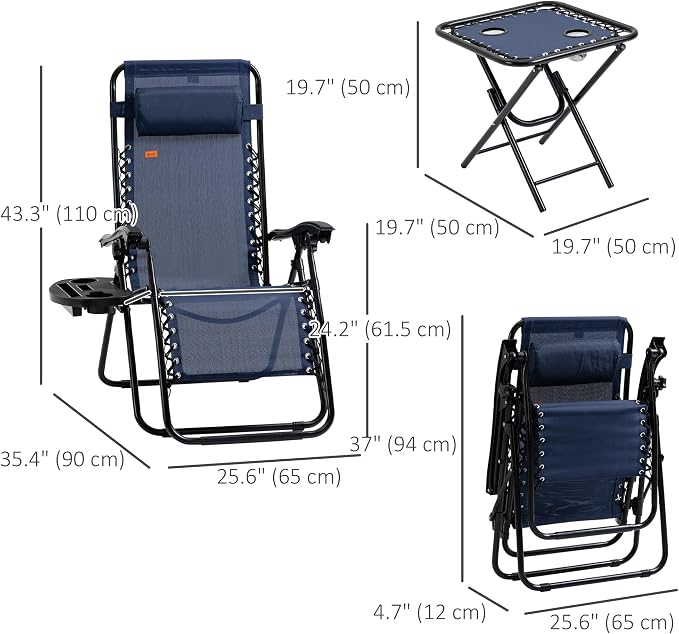 Outsunny Zero Gravity Chair Set with Side Table, Folding Reclining Chair with Cupholders & Pillows, Adjustable Lounge Chairs for Pool, Backyard, Lawn, Beach, Blue