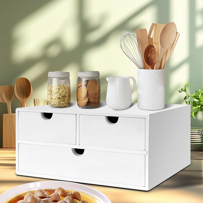 Bamboo Desk Organizer with 3 Drawers, Countertop Organizer with Drawers Makeup Storage Drawer 3 Drawer Tabletop Storage Organization Box Home Office Workspace（White）