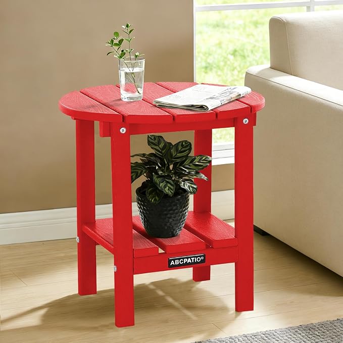 Outdoor Side Table Round - Patio Side Tables - HDPE Small Outdoor End Table for Backyard Pool Porch Balcony - Double Layer Storage - Red (Wood Grain Finish)