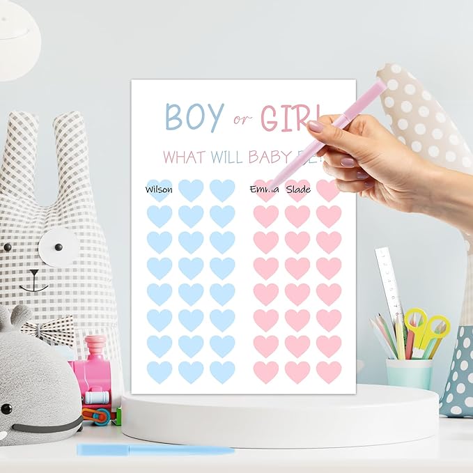 Gender Reveal Party Games, Blue and Pink Baby Gender Reveal Voting Board Sign, 48 Boy Girl Voting with Two Pens, He or She, Baby Gender Reveal Party Decorations Games for Boy or Girl Shower