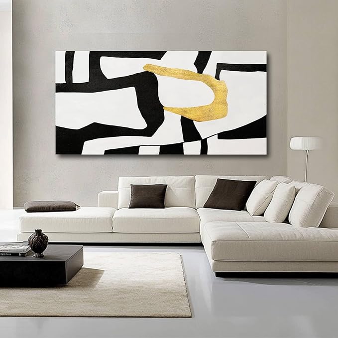 NBAODAN Minimalist Art Painting Gold Picture Wall Decor Large Abstract Wall Art for Bedroom Black Wall Decor for Living Room 29"x58" Framed Canvas Art