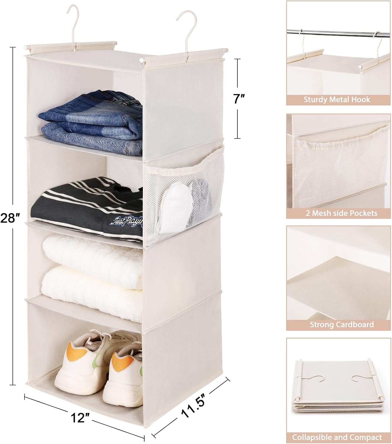 MAX Houser 4 Tier Shelf Hanging Closet Organizer, Closet Hanging Shelf with 2 Sturdy Hooks for Storage,2 Pack, Foldable (Beige)