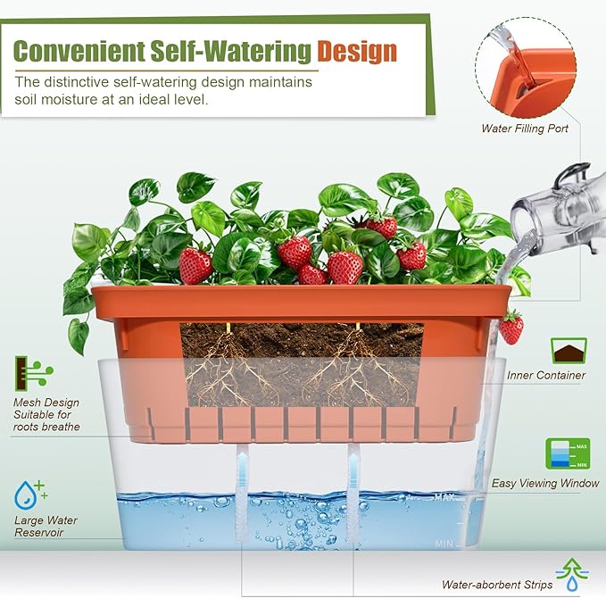 OurWarm Self Watering Pots for Indoor Plants, 6 Pack 10.5 Inch Plastic Window Herb Planter Box with Water Level Indicator, Modern Decorative Windowsill Planters for Herbs, Flowers, Seedlings