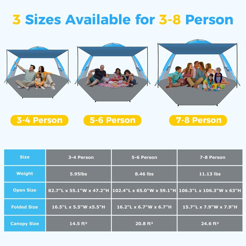 Gorich Beach Tent with Canopy - Easy Setup 3-4/5-6/7-8 Person Portable Sun Shelter, UPF 50+ UV Protection Sun Shade, Lightweight & Compact Beach Cabana for Family Travel