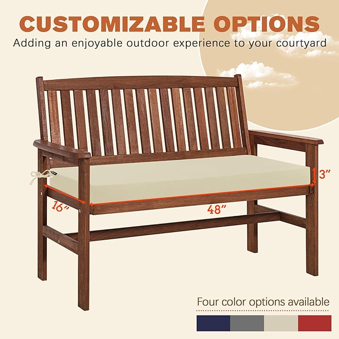 Favoyard Outdoor Bench Cushion 48 x 16 Inch Rainproof Patio Furniture Cushions 3-Year Color Fastness Garden Settee Porch Pads with Ties, Beige