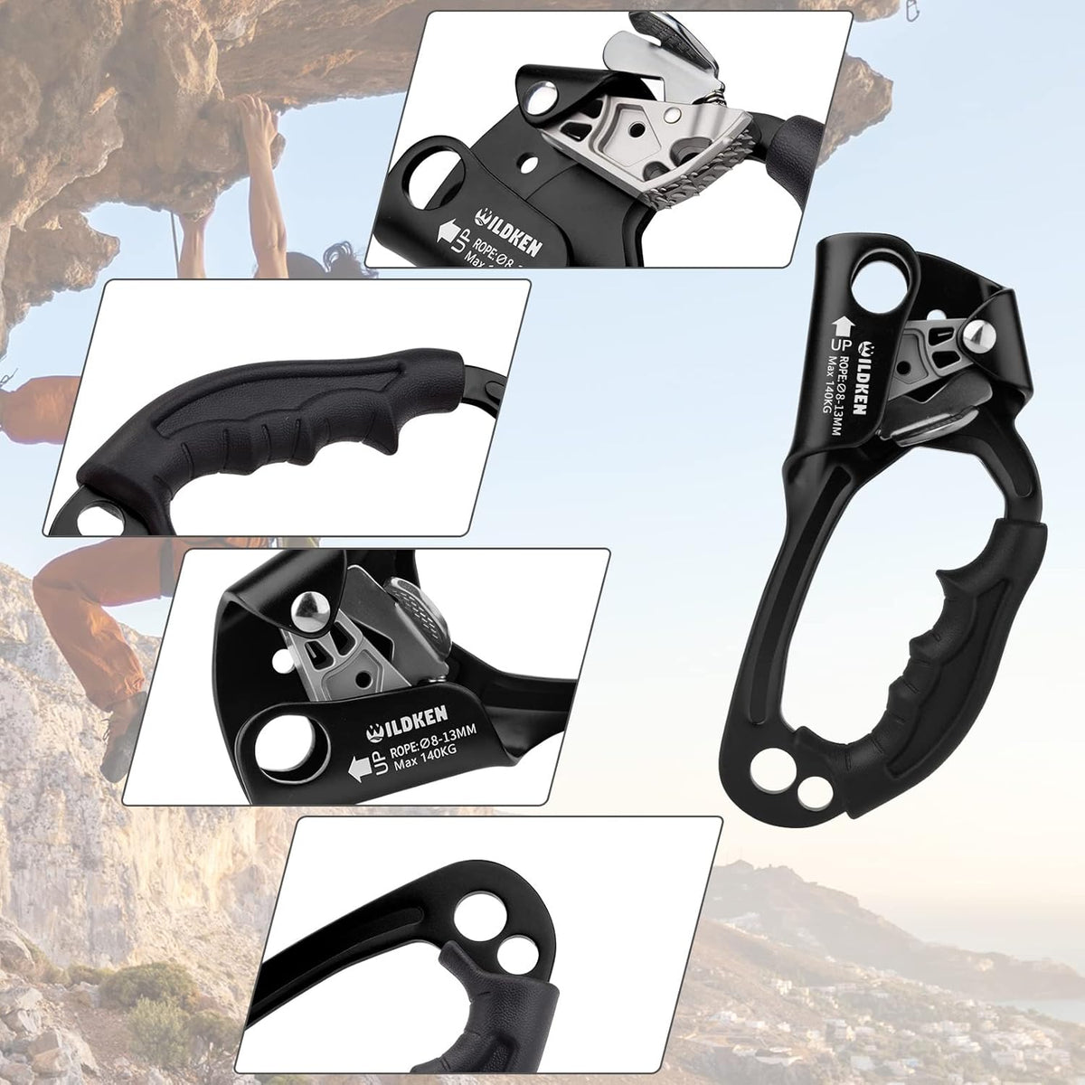WILDKEN Climbing Hand Ascender Outdoor Mountaineering Tree Arborist Climbing Rappelling Equip Hand Ascender for 8-14MM Rope Left Right Hand Ascender