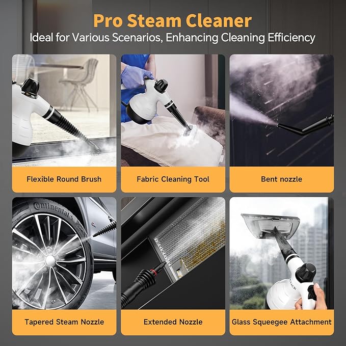 TICYACK Handheld Steam Cleaner, Steam Cleaner with 16 PCS Accessory & Safety Lock, Capacity, Multi-Surface Deep Cleaning for Home, Car, Bathroom, Grout, Floor, Window(White/Black)
