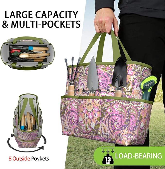 Paisley Garden Tool Bag - Waterproof Garden Tote with 8 Pockets, Large Storage Home Organizer Gardening Tool Oxford Bag for Garden Tools Kits Holder, Ideal Outdoor Gardening Gift for Women & Men
