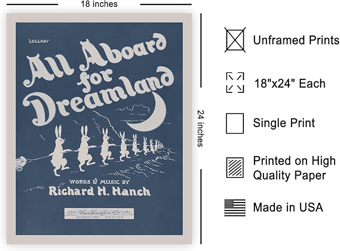 Poster Master All Aboard For Dreamland Poster - Retro Children's Lullaby Print - Story Book Art - Bunny Art - Rabbit Art - Aesthetic Art - Kid's Bedroom or Nursery Wall Decor, 18x24 Unframed Wall Art
