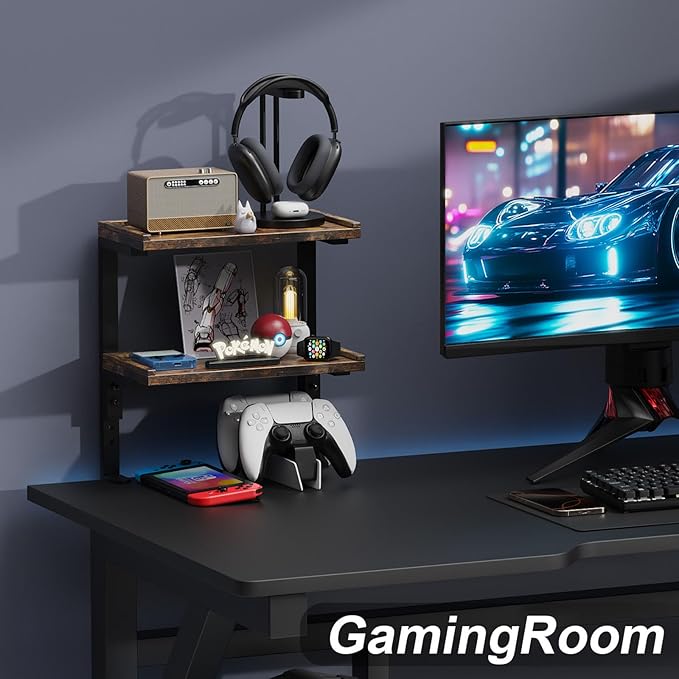 2-Tier Desk Shelf, Expandable Under Desk Storage, Clamp on Desk Shelf, Desktop Accessories for Offices, Study Rooms, and Game Rooms (Wood)