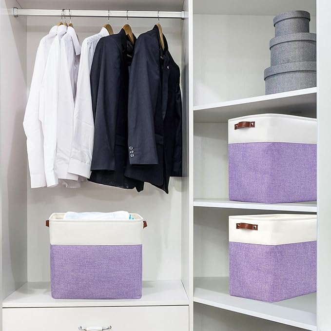 Large Fabric Storage Baskets | 50L Storage Bins, Decorative Linen Closet Baskets with Handles for Organizing, Shelf, Toys, Clothes, Home, Office, Nursery, 17x12x15Inches (Purple&White)