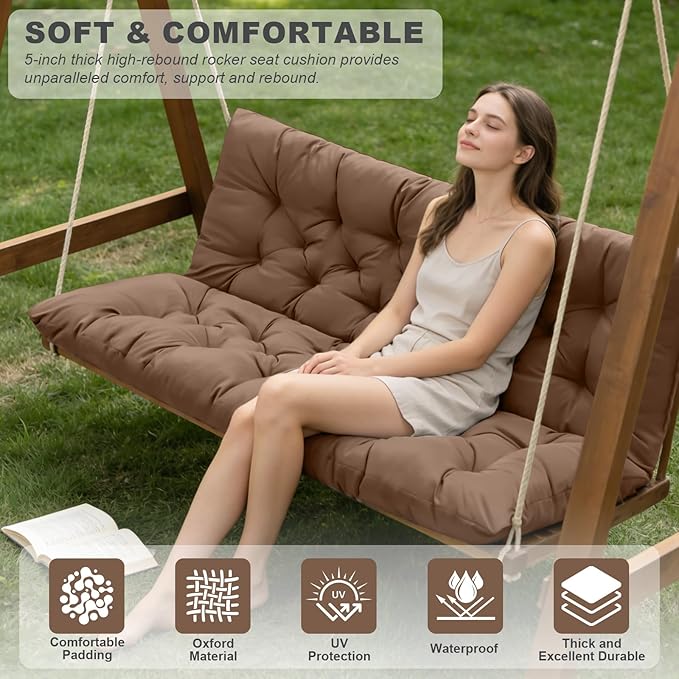 Porch Swing Cushions,Outdoor Cushions 3 Seater Replacement with Backrest, Waterproof Thickened Bench Cushion with Ties for Porch, Patio,Outdoor, Backyard and Garden(Coffee 60 * 40 in)