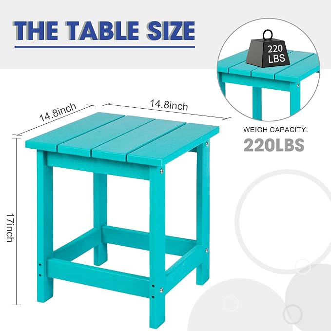 LZRS Square Patio Side Table, Heavy Duty HDPE Outdoor End Table with Wood Texture, Weatherproof Composite Table for Adirondack Chairs, Deck, Pool, Indoor/Outdoor, No Peeling or Cracking(Turquoise)