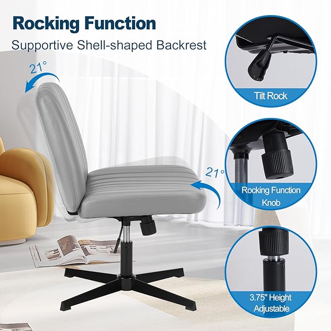 OLIXIS Criss Cross Legged Chairs Armless No Wheels Wide Seat Height Adjustable Swivel Padded PU Leather Home Office Desk Chair for Bedroom, Student, Study Room,Grey