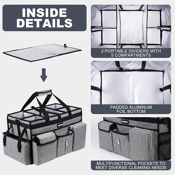 Large Cleaning Caddy Bag with Rigid Support Board, Cleaning Organizer Tote with Detachable Divider, Adjustable Shoulder Strap & Waist Belt, Cleaning Supply Carrier for Cleaners & Housekeepers