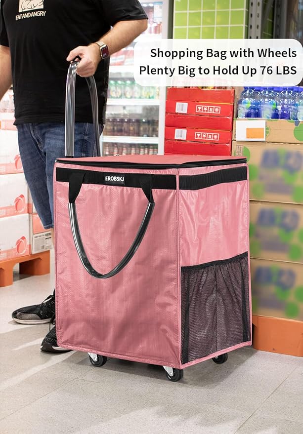 (Medium,Pink) Reusable Grocery Bag on Wheels, 70L Foldable Rolling Tote, Carries Up to 66 lbs Shopping Trolley, Zipper Clouser Shopping Carts for Trips, Laundry, 4 Heavy Duty Wheels and 3 Handles