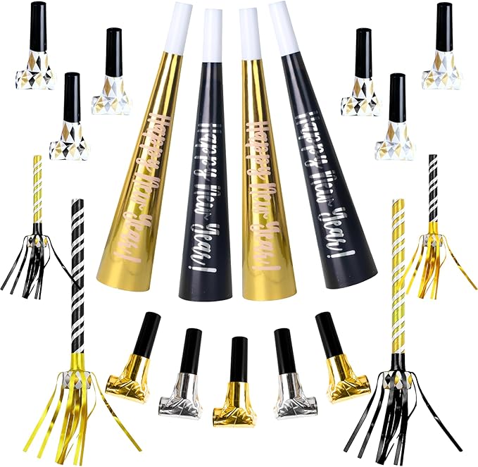 50pcs New Years Eve Decorations Black, Gold & Silver Party Blowers, New Years Eve Party Supplies 2026 Noisemakers for Kids & Adults Nye Decorations
