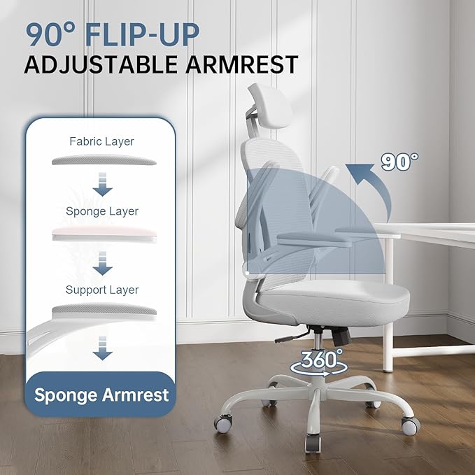 Synorla Office Chair Ergonomic Desk Chair, 330LBS Capacity, High Back Computer Design for Long Hours Comfort, Rolling Swivel Executive Task for Home Office with Flip-up Armrests（Grey）