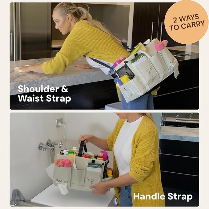 FifthStart Cleaning Caddy Organizer with Handle & Waist/Shoulder Straps - 9 Compartments & Mesh Base - Portable Cleaning Supply Caddy with Waste Bag Dispenser (Beige Floar, Large)