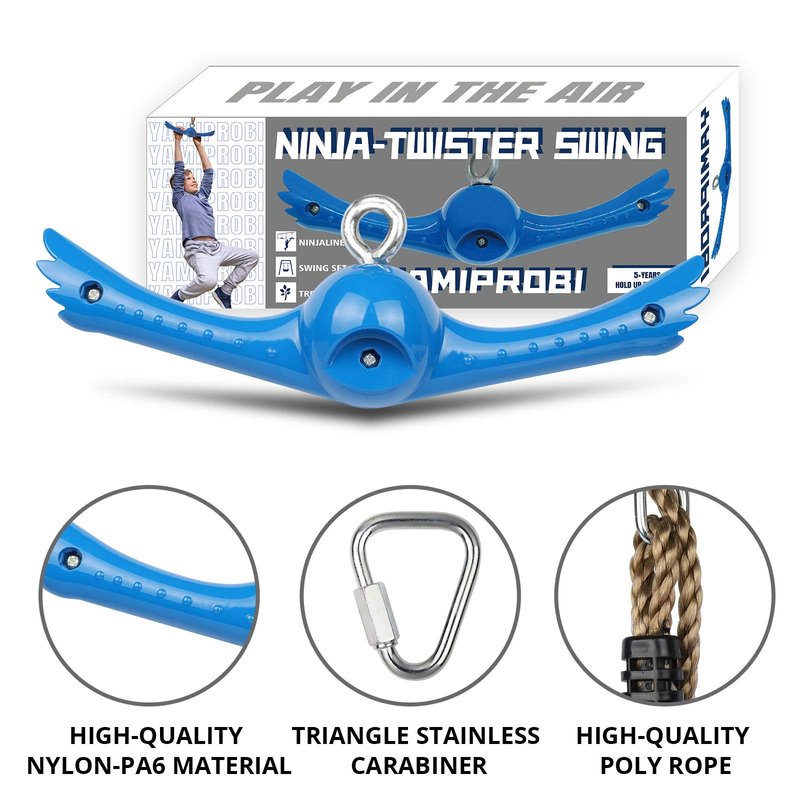 YAMIPROBI Ninja-Twister Swing Spins Set: Slackline Attachments - 360° Handle Twist-Spin Flips Toy Activate Ninja Powers Warrior Accessories Kids Hang Toys for Playground Backyard Blue