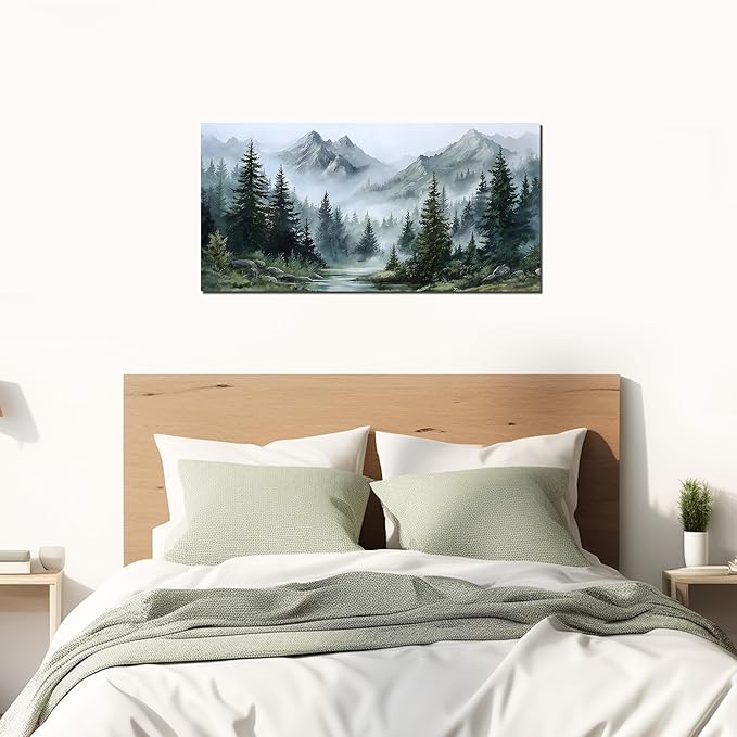 Tarfupth Large Misty Forest Wall Art for Living Room Green Nature Mountain Landscape Canvas Artwork with Trees and River Nature Art for Bedroom Office Home Decor 20x40 Inch