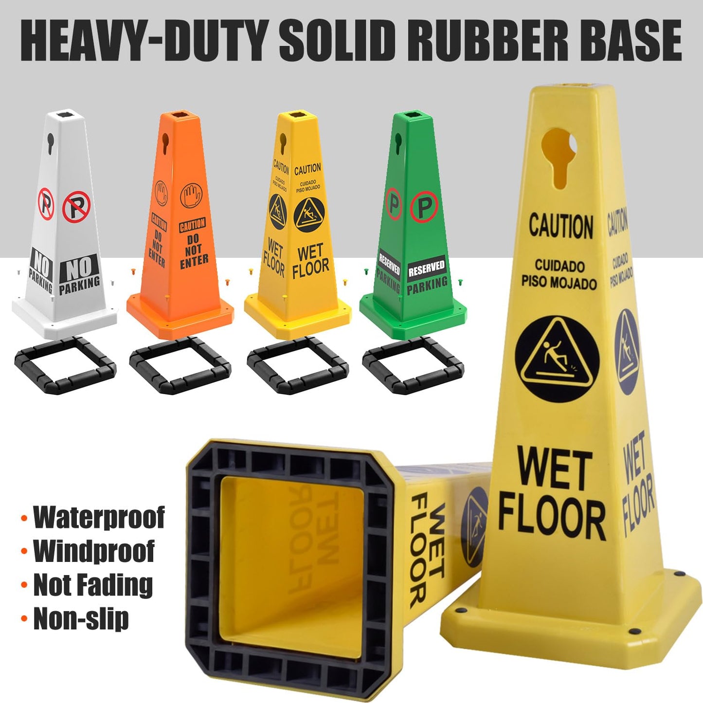 Plastic Traffic Cones, 4-Sided Message Cones, Road Safety Parking Cones, Standing Traffic Warning Signs for Cleaning Area, Garage, No Entry (8, Caution Wet Floor, Large)