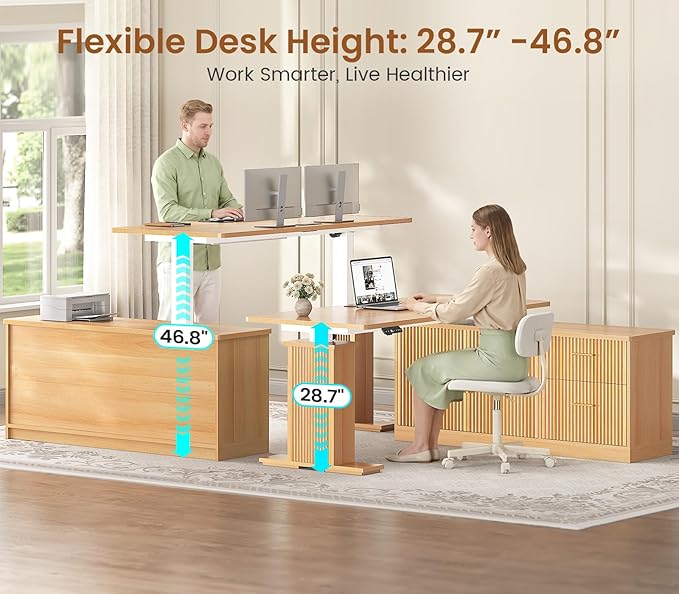 SEDETA L Shaped Electric Standing Desk, 55 inch Height Adjustable Office Executive Desk with Storage Drawers, Fluted Sit Stand Corner Computer Desk with Power Outlets for Home Office, Oak