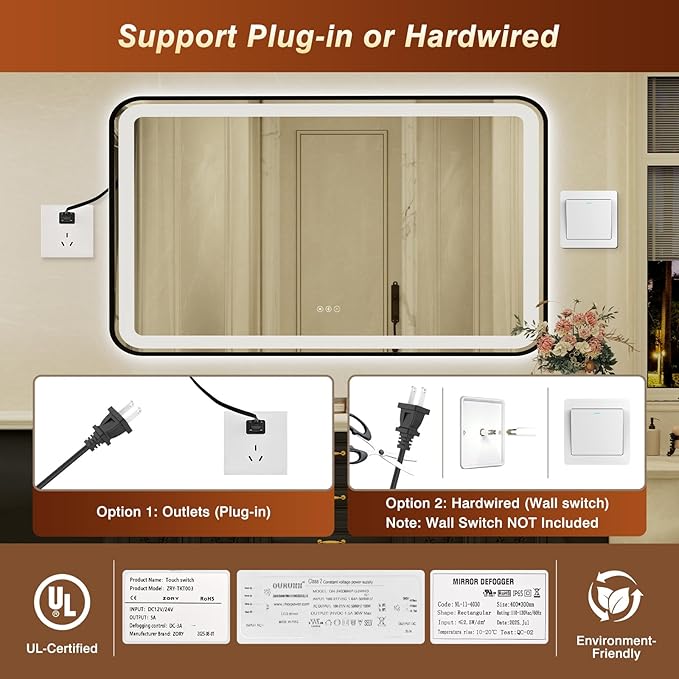 32x55 Inch Black Framed LED Bathroom Mirror
