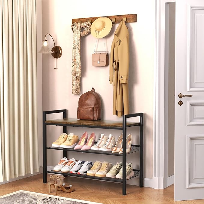 Shoe Rack for Front Door Entrance, 3 Tier Shoe Rack for Entryway, Shoe Shelf for Closet, Metal Shoe Rack Organizer with Sturdy Wooden Top & Steel Frame,(Black+Rustic Brown)