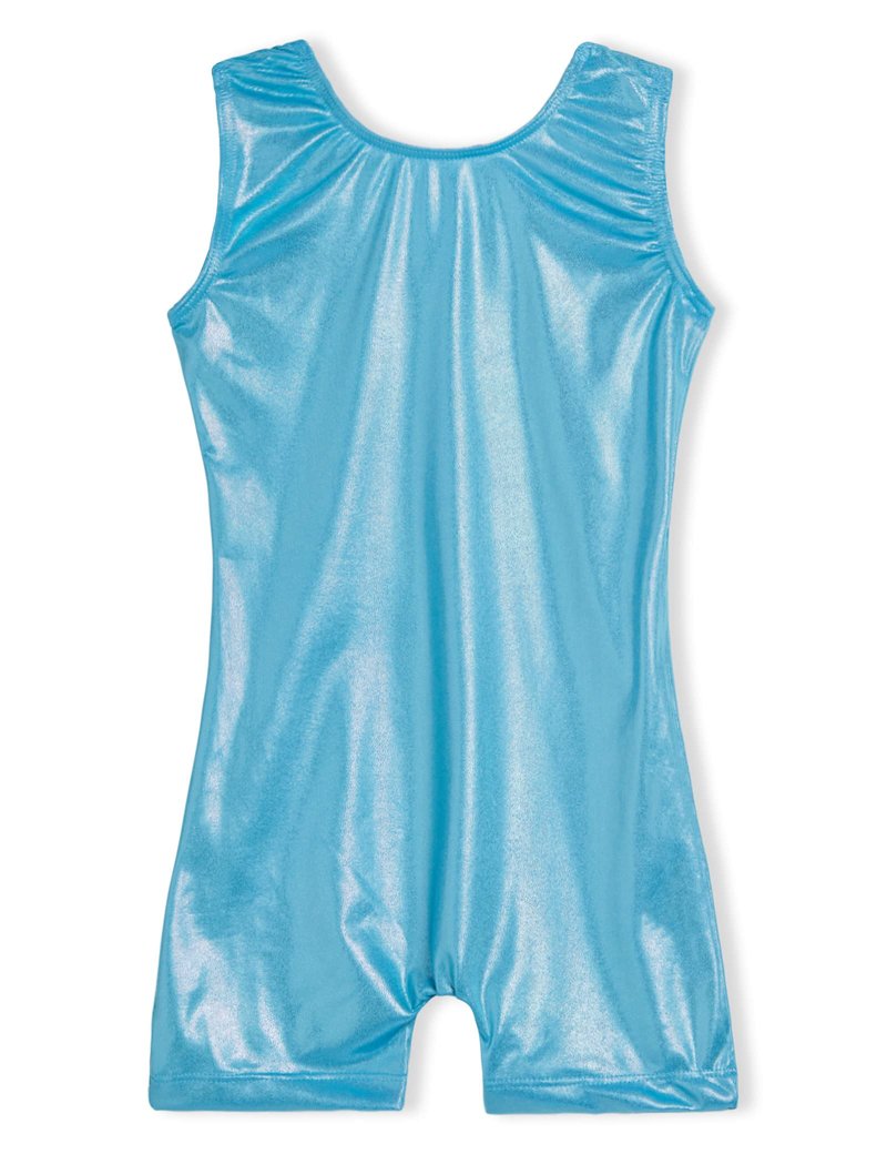 Domusgo Gymnastics Leotards for Girls Size 7-8 Years Old Shiny Solid Blue Sleeveless Biketards with Shorts