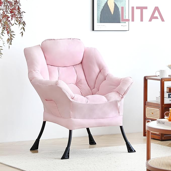 LITA Lazy Chair with Armrests and Side Pocket, Modern Upholstered Accent Reading Chair for Living Room, Bedroom, Dorm, Small Spaces, Single Pink