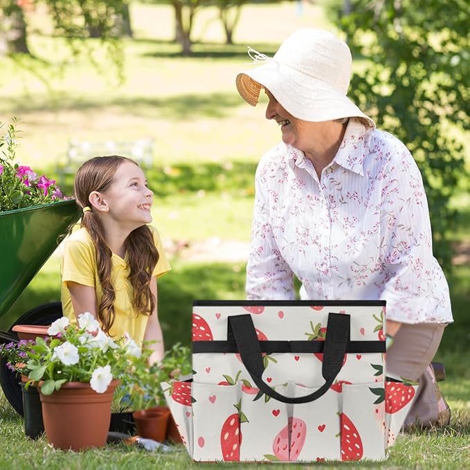 Strawberries Gardening Tool Bag,Heavy Duty Garden Tote Bag,Portable Oxford Gardening Storage Basket Organizer Handbag with Pockets Handle,Hand Tools Gifts for Outdoor Garden Lawn Yard