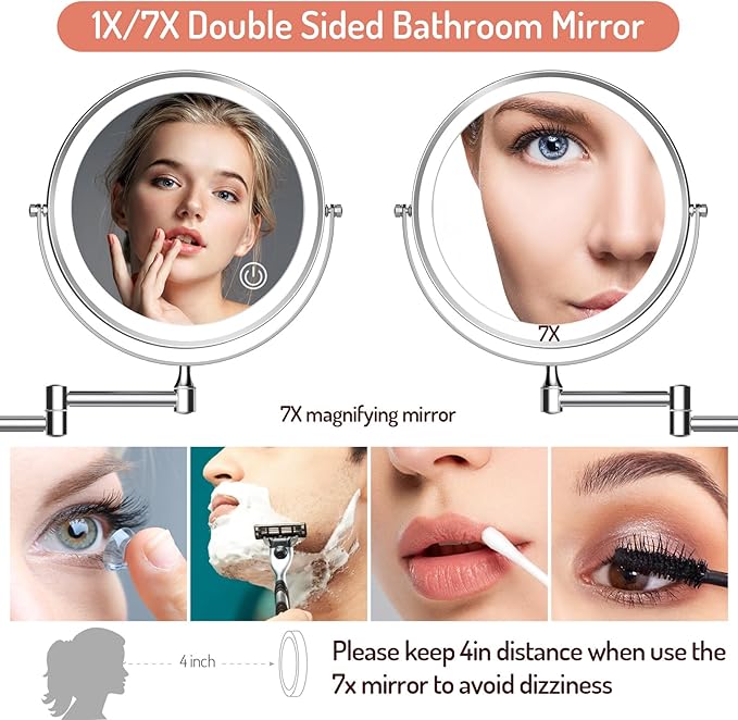 Rocollos Rechargeable Wall Mounted Lighted Makeup Mirror, 8 Inch Double-Sided