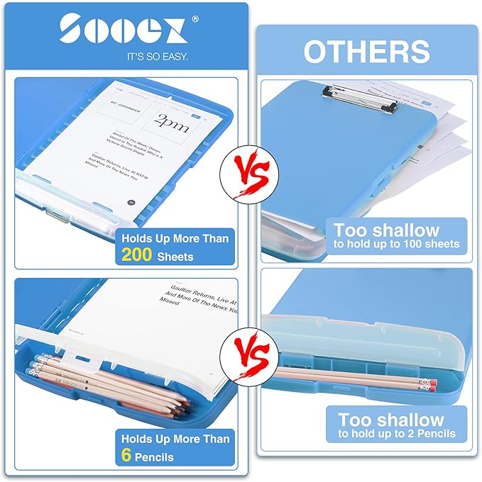 Sooez Clipboard with Storage, Clip Board 8.5 x 11 with Pen Holder, Plastic Organization Case Box for Letter Legal A4 Size Paper, Low Profile Clip, Nurses Teachers Must Haves, School & Office Supplies