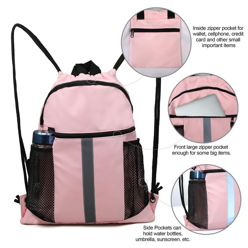 BeeGreen Pink Drawstring Backpack Bag with Shoe Compartment X-Large Gym Sports String Cinch Sackpack with Front Inside Zipper Pockets