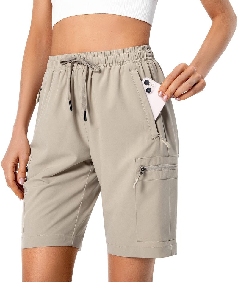Hugut Women's Lightweight Hiking Cargo Shorts Quick Dry Athletic Shorts Camping Travel Golf Zipper Pockets Water Resistant Khaki