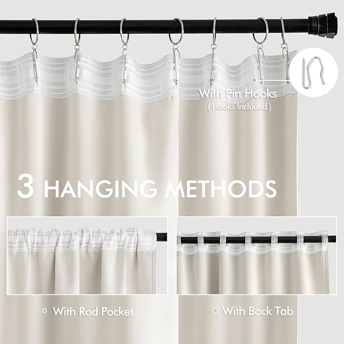 MIULEE Ivory Back Tab Blackout Curtains 108 Inch Long 2 Panels Set